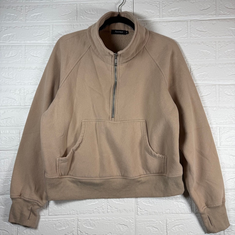 Automet Half Zip Pullover Women Medium Tan Fleece Lined Thumbhole Sweatshirt